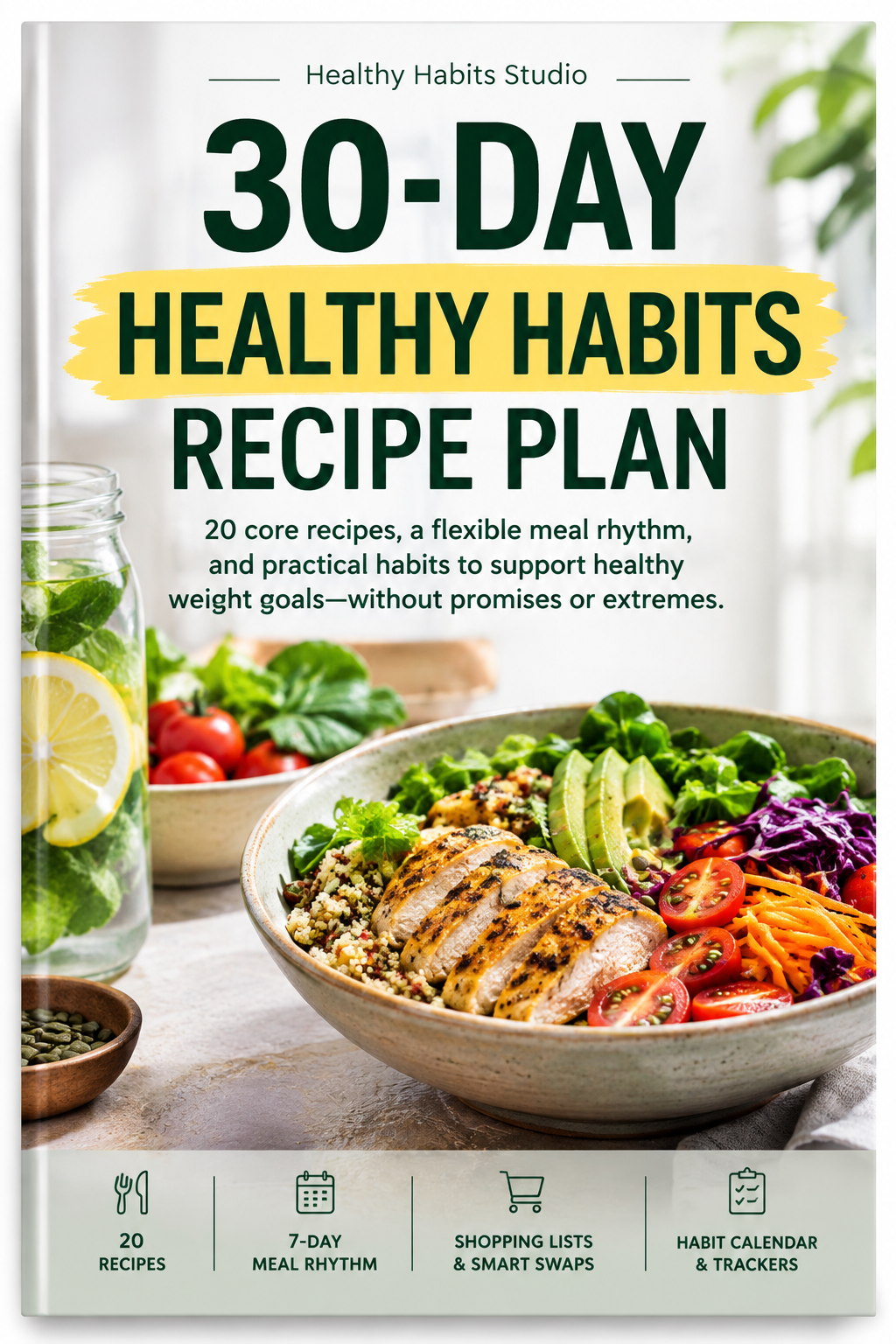 30-Day Healthy Habits Recipe Plan ebook cover showing a healthy chicken and quinoa bowl